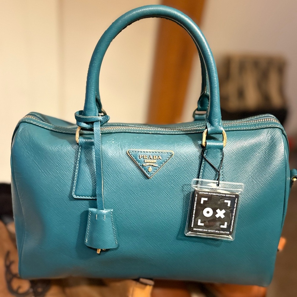 LIKE NEW PRADA Saffiano Leather Medium Bauletto Bag Certified Authentic